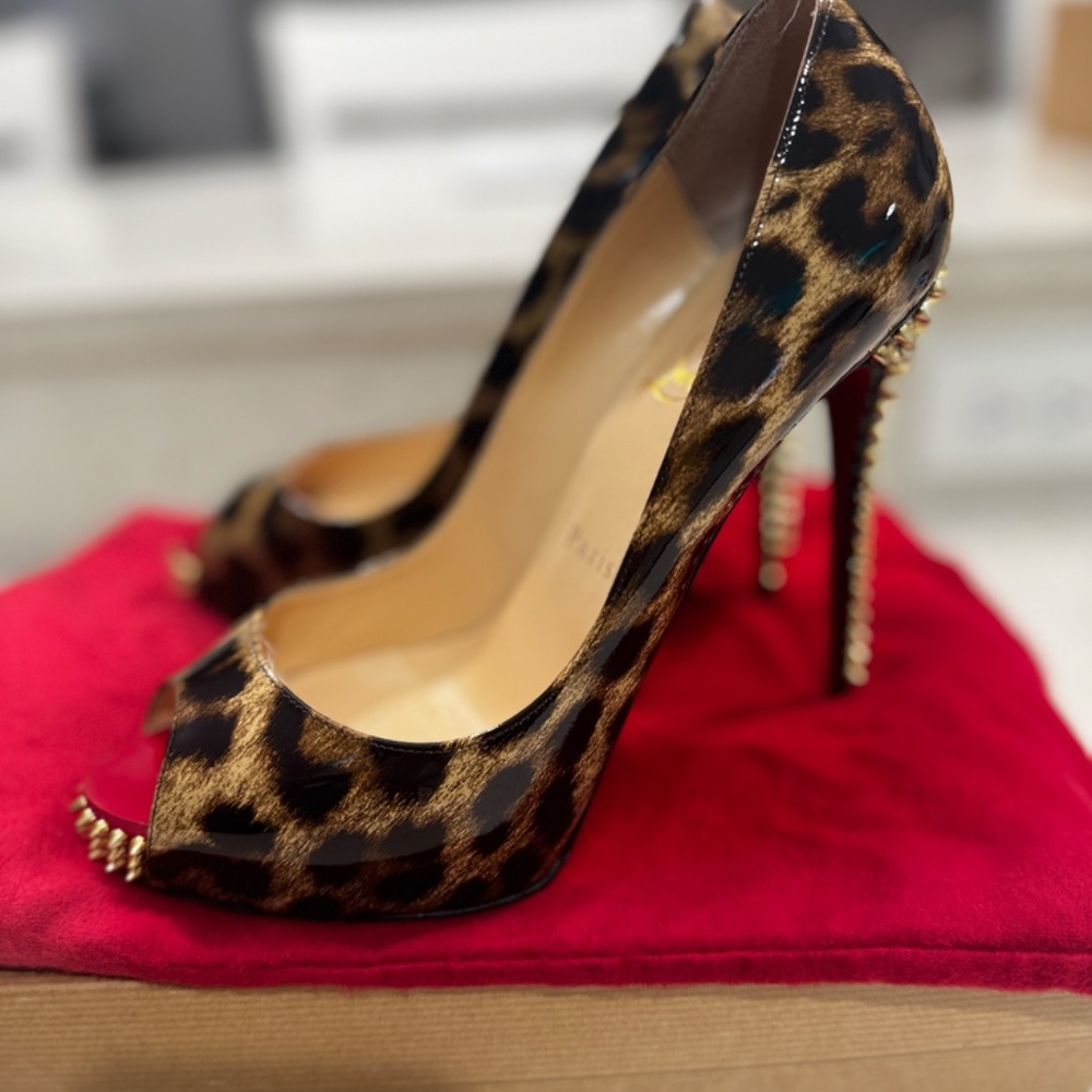 Christian Louboutin Leopard Spiked Peep Toe Heels – Size 38